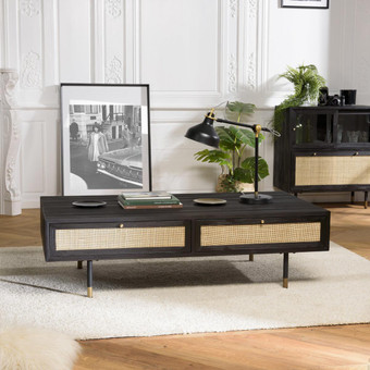 Table Basse Noire 4 Tiroirs Cannage YANIS
