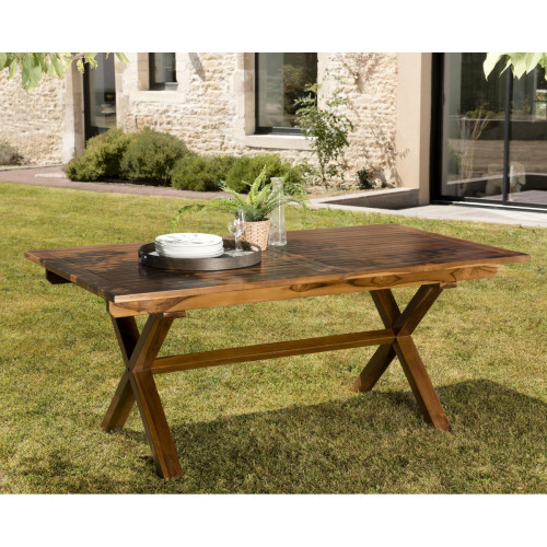Table de jardin HANNA 8/10 personnes - rectangulaire pieds croisés extensible 180/240x100cm en bois teck huilé