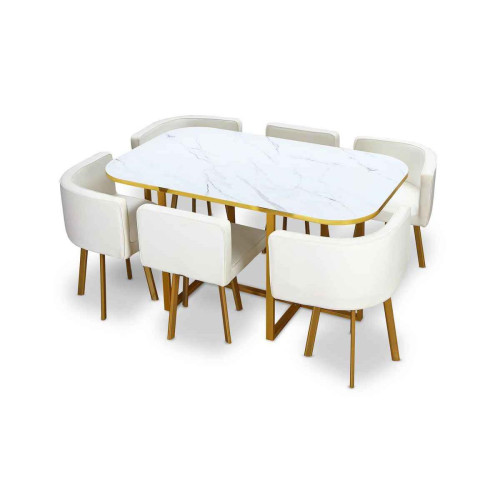 3S. x Home - Table Et Chaises OSLO XL Or Effet Marbre Blanc et Simili Blanc - Table
