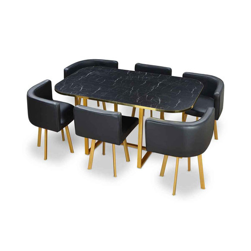 3S. x Home - Table Et Chaises OSLO XL Or Effet Marbre Noir Et Simili Noir - Mobilier Deco