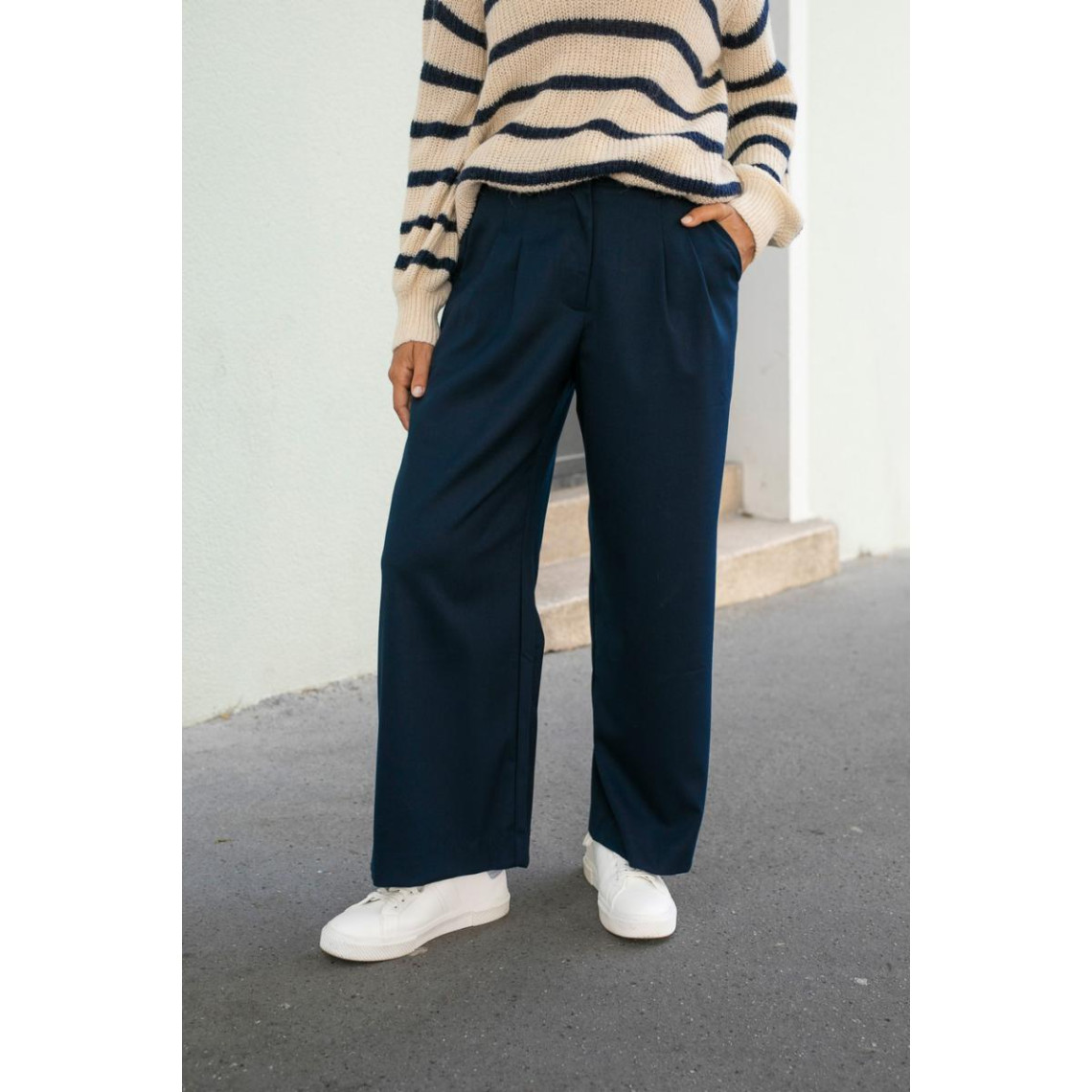 pantalon large mirazio bleu marine en coton