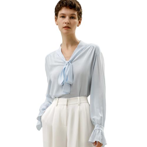LilySilk - Blouse avec ruban à col en v en soie Bleu  - Blouse, Chemise femme