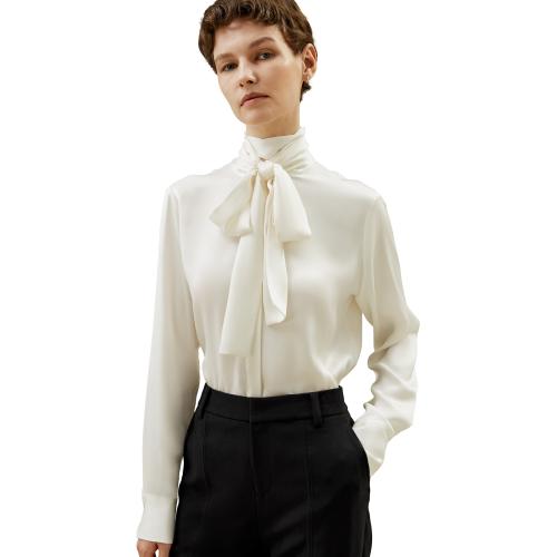 LilySilk - Blouse avec ruban à col roulé en soie Blanc  - Toute la mode