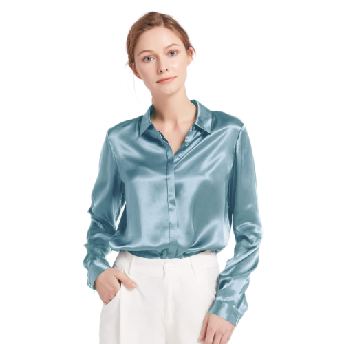LilySilk - Chemise en soie boutonnée Bleu  - Nouveautés blouses femme
