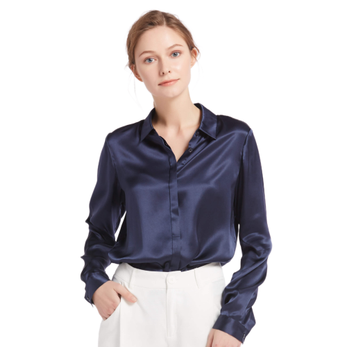 LilySilk - Chemise en soie boutonnée Bleu Marine - Nouveautés blouses femme