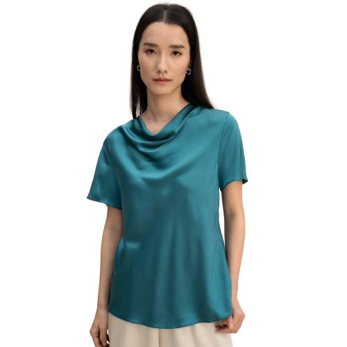 LilySilk - T-shirt en soie à manches courtes et col bénitier  Bleu - LilySilk