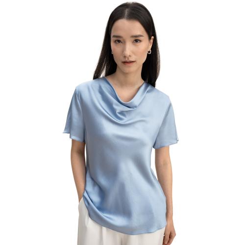 LilySilk - T-shirt en soie à manches courtes et col bénitier  Bleu Ciel - Chemise femme