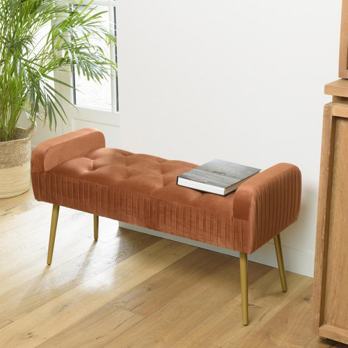 Macabane - Banc de lit en velours orange pieds métal doré - Macabane meubles & déco