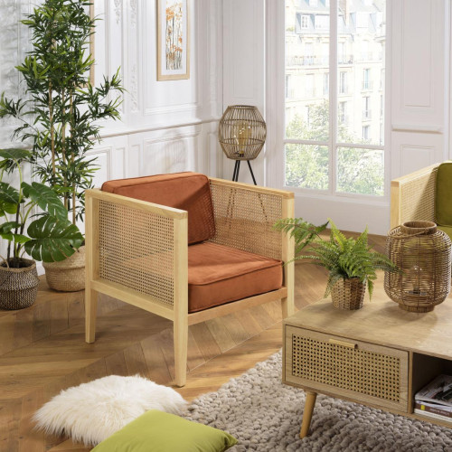 Macabane - Fauteuil cannage assise amovible velours orange - Macabane meubles & déco