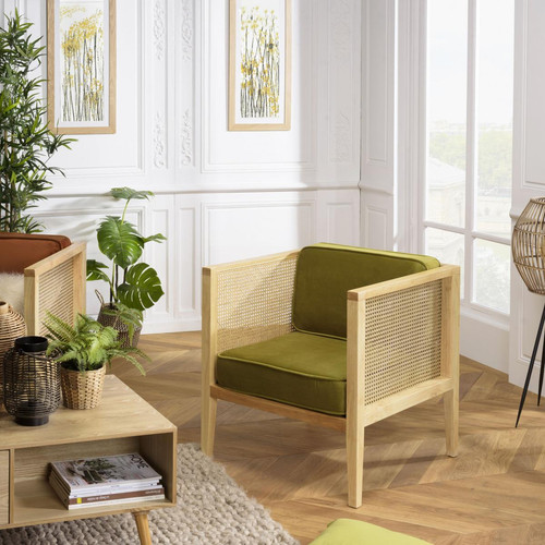 Macabane - Fauteuil cannage assise amovible velours vert - Macabane meubles & déco