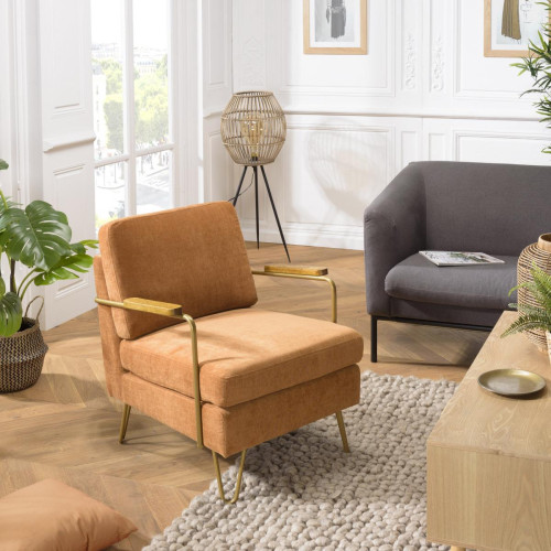 Macabane - Fauteuil lounge tissu orange métal doré accoudoirs bois - Macabane meubles & déco