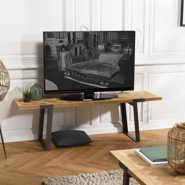 Meuble TV plateau chevrons bois et pieds métal CARLA Meuble TV