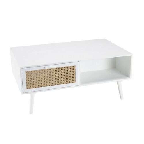 Macabane - Table basse blanche 2 tiroirs 1 niche cannage naturel  - Meuble Et Déco Design