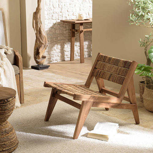 Macabane - ALIDA Fauteuil lounge en bois de teck recyclé assise en tissage - Fauteuil Et Pouf Design