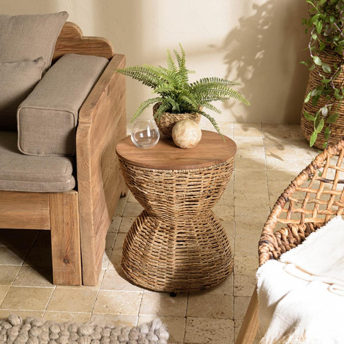 Macabane - ALIDA Tabouret beige assise amovible en bois de teck recyclé - Meuble Et Déco Design