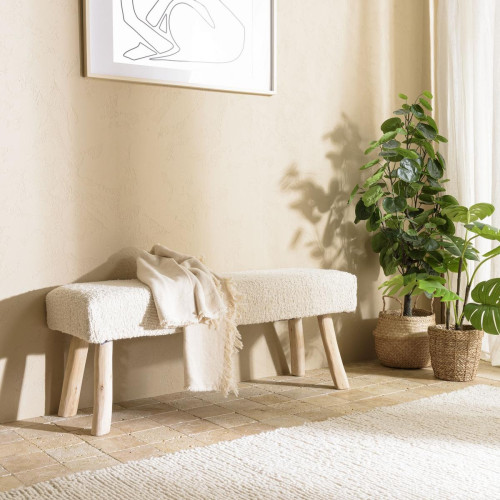Macabane - Banc 120x40cm en laine texturée ivoire pieds en bois naturel SACHA - Macabane meubles & déco