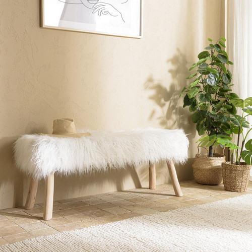 Macabane - Banc 120x40cm peau de mouton couleur ivoire pieds bois naturel SACHA - Meuble Et Déco Design