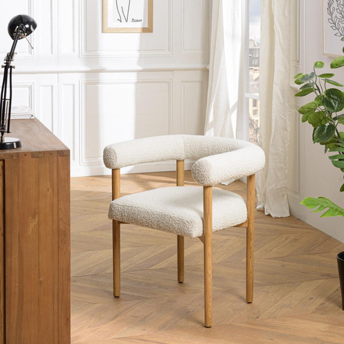 Macabane - Chaise en tissu écru, dossier arrondi et pieds en bois naturel GASTON - Collection Authentique Meubles et Déco