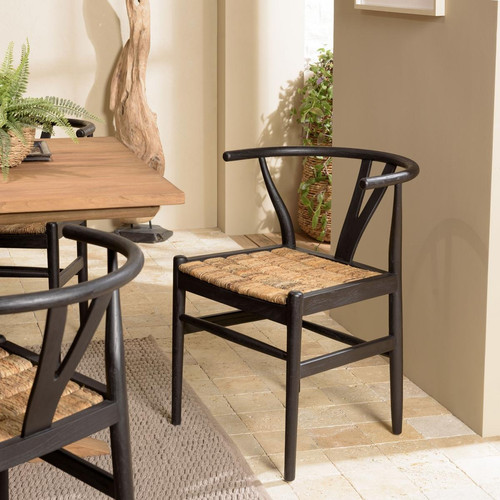 Macabane - Chaise noire en bois de teck recyclé dossier arrondi  - Macabane meubles & déco