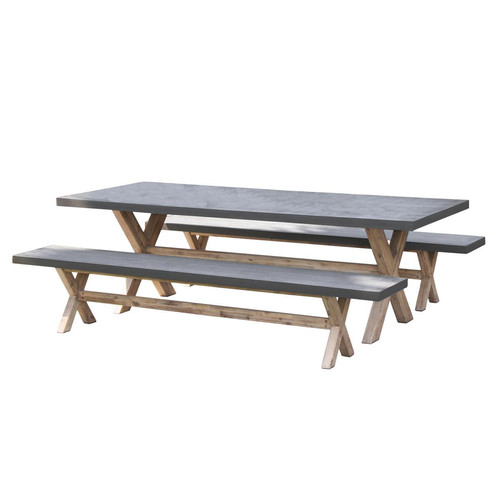 Macabane - Ensemble Table de Jardin Table rectangulaire en fibre de Ciment et Acacia + 2 bancs - Mobilier Deco