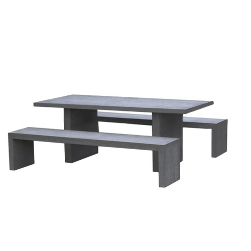 Macabane - Ensemble table rectangulaire + 2 bancs en fibre de ciment - Promo Meuble & Déco