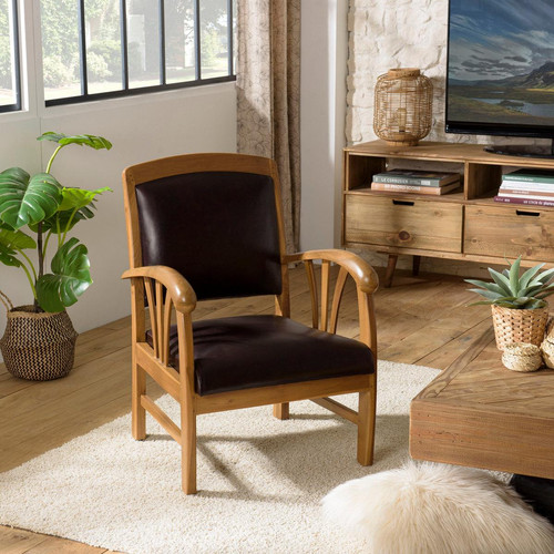 Macabane - Sofa en teck et cuir design colonial - Marron - Fauteuil Design