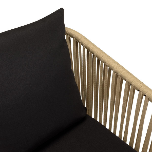 Lot de 6 fauteuils en cordage couleur naturelle coussins noirs MALO Salon de jardin