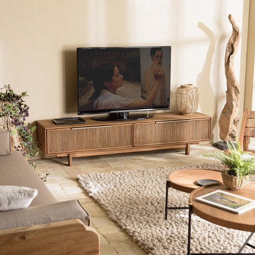 Macabane - Meuble TV 2 tiroirs en bois teck recyclé et tissage naturel  - Meuble TV Design