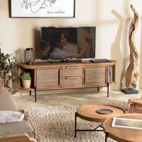 Macabane - Meuble TV arrondi en bois de teck recyclé 2 portes 2 tiroirs  - Meuble TV Design