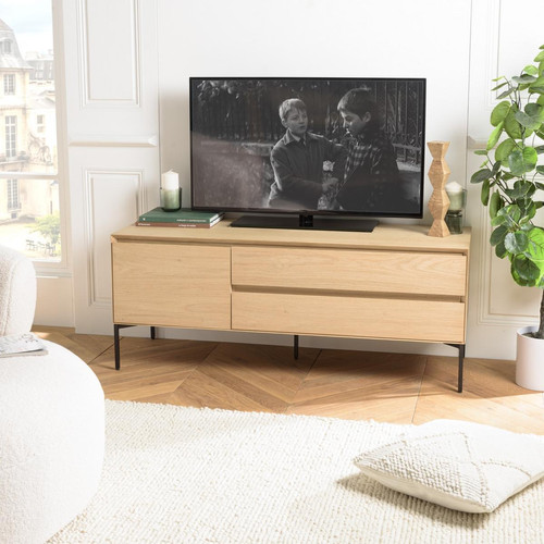 Macabane - Meuble TV naturel 1 porte 2 tiroirs pieds métal noir MAXENDRE - Meuble TV Design
