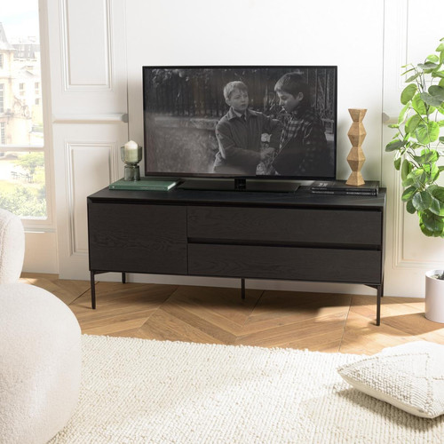 Macabane - Meuble TV noir 1 porte 2 tiroirs pieds métal noir MAXENDRE - Meuble TV Design