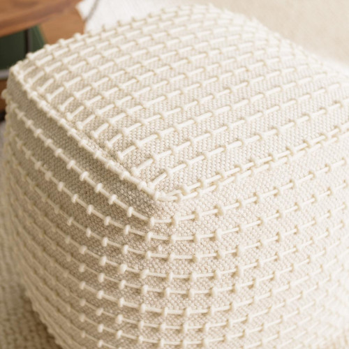 Pouf carré en laine texturée couleur ivoire SACHA Pouf