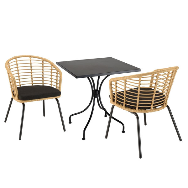 Salon de jardin 2 personnes 1 Table carrée 70x70cm et 2 fauteuils beiges et noirs en rotin synthétique Salon de jardin