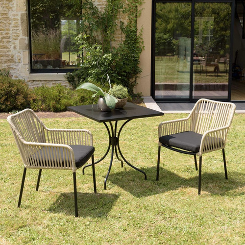 Macabane - Salon de jardin 2 personnes Table carrée 70x70cm et 2 fauteuils beiges et noirs en cordage - Salon De Jardin Design