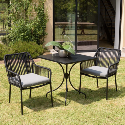 Salon de jardin 2 personnes Table carrée 70x70cm et 2 fauteuils gris et noirs en cordage Noir MACABANE Meuble & Déco
