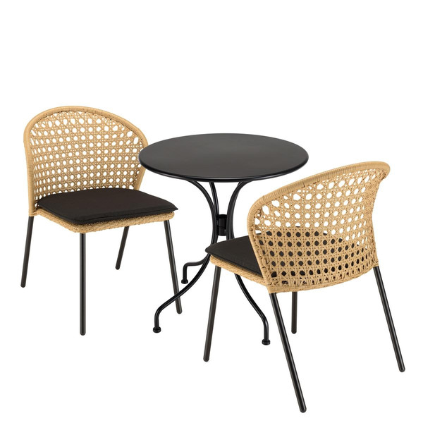 Salon de jardin 2 personnes Table ronde 70x70cm et 2 chaises beiges et noires en rotin synthétique Salon de jardin