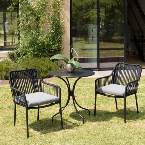 Macabane - Salon de jardin 2 personnes Table ronde 70x70cm et 2 fauteuils gris et noirs en cordage - Salon De Jardin Design