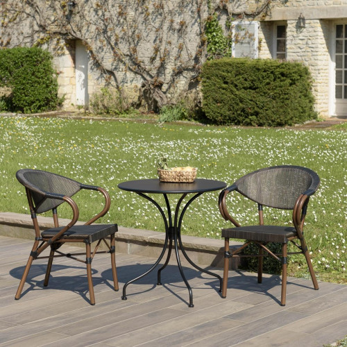 Macabane - Salon de jardin 2 personnes en acier - 1 table ronde 70x70cm et 2 chaises en textilène marron - Macabane meubles & déco