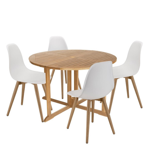 Salon de jardin 4 personnes 1 Table ronde 120x120cm et 4 chaises blanches pieds couleur naturelle Multicolore MACABANE Meuble & Déco