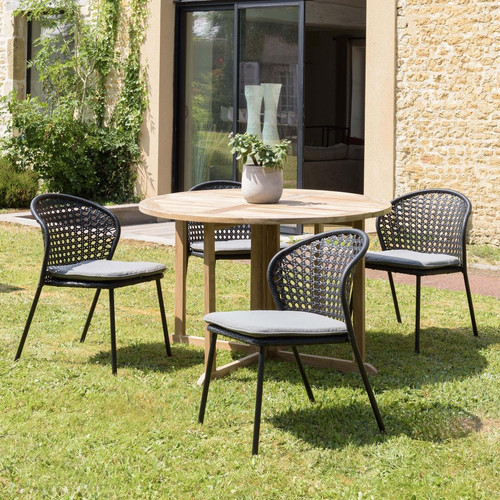 Macabane - Salon de jardin 4 personnes 1 Table ronde 120x120cm et 4 chaises noires et grises - Meuble Et Déco Design