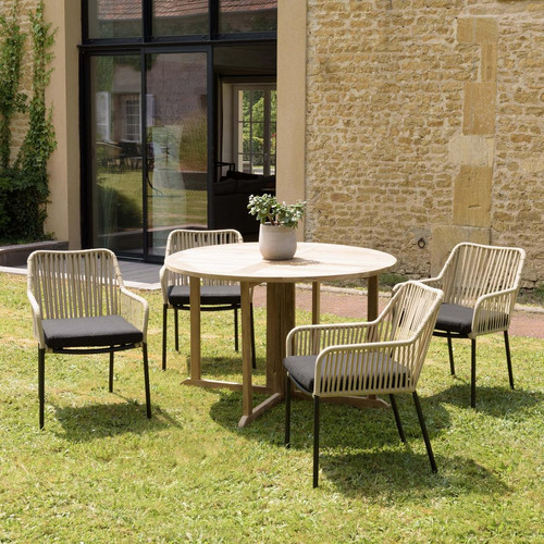 Salon de jardin 4 personnes 1 Table ronde 120x120cm et 4 fauteuils beiges et noirs en cordage Multicolore MACABANE Meuble & Déco