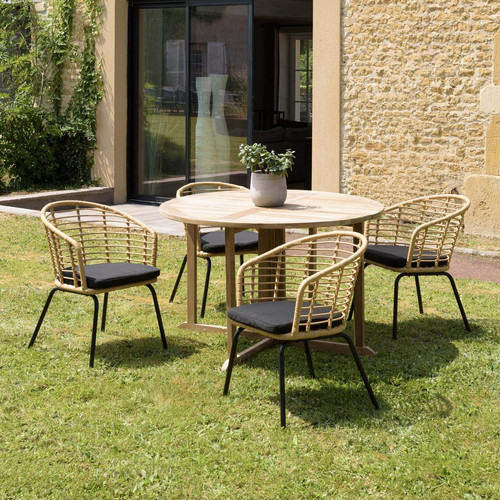 Macabane - Salon de jardin 4 personnes 1 Table ronde 120x120cm et 4 fauteuils beiges et noirs - Meuble Et Déco Design