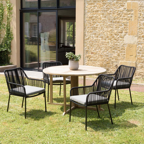 Macabane - Salon de jardin 4 personnes 1 Table ronde 120x120cm et 4 fauteuils noirs et gris en cordage - Macabane meubles & déco