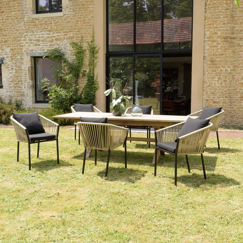 Salon de jardin 6 personnes 1 Table rectangulaire 180x100cm et 6 fauteuils beiges et noirs avec coussin  Multicolore MACABANE Meuble & Déco