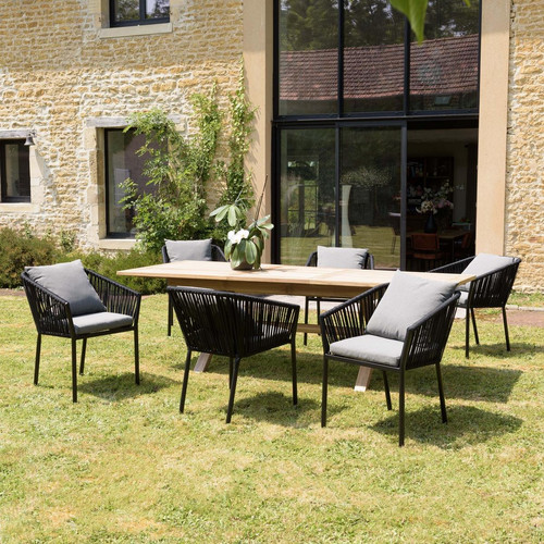 Macabane - Salon de jardin 6 personnes 1 Table rectangulaire 180x100cm et 6 fauteuils gris et noirs avec coussin - Salon De Jardin Design