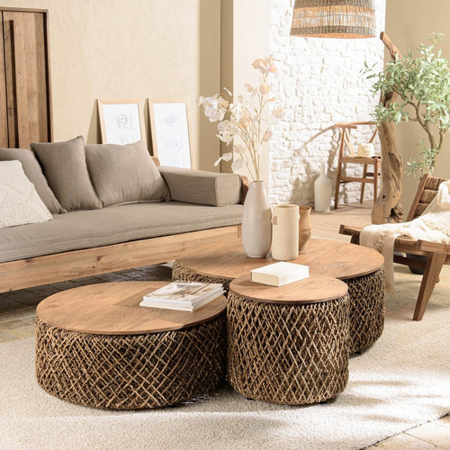 Macabane - Set de 3 tables basses rondes en tissage de fibre de cocotier  - Table Basse Design