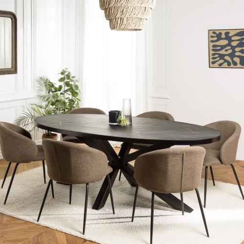 Macabane - Table à manger plateau ovale effet pierre motifs dorés BASILE  - Meuble Et Déco Design