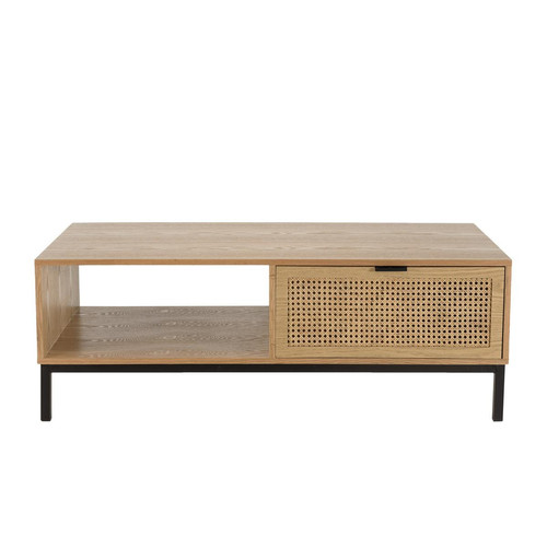 Macabane - Table basse 1 niche 2 tiroirs cannage pieds métal noir  MARCEAU - Table Basse Design
