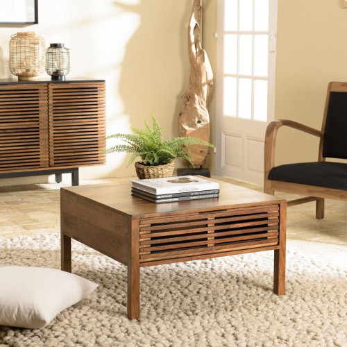 Macabane - Table basse carrée 70x70cm en bois de manguier 2 tiroirs ajourés ALIX - Macabane meubles & déco