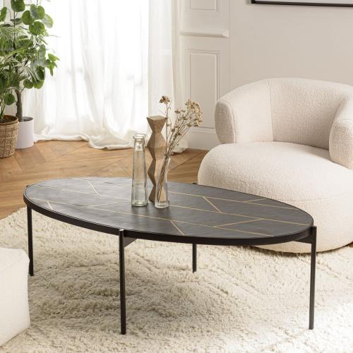 Macabane - Table basse ovale effet pierre motifs dorés BASILE - Table Basse Design
